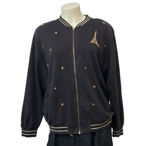Gardy Black Bomber Jacket Gold Star Eiffel Tower Embellished Size L